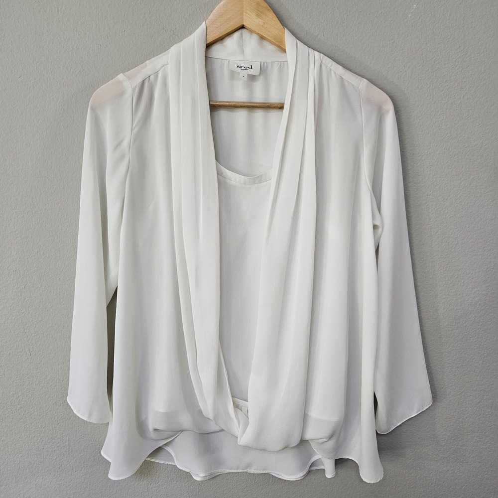 Seed Heritage White Drape Fold Over Blouse Long Sleeve Career 6 Layered